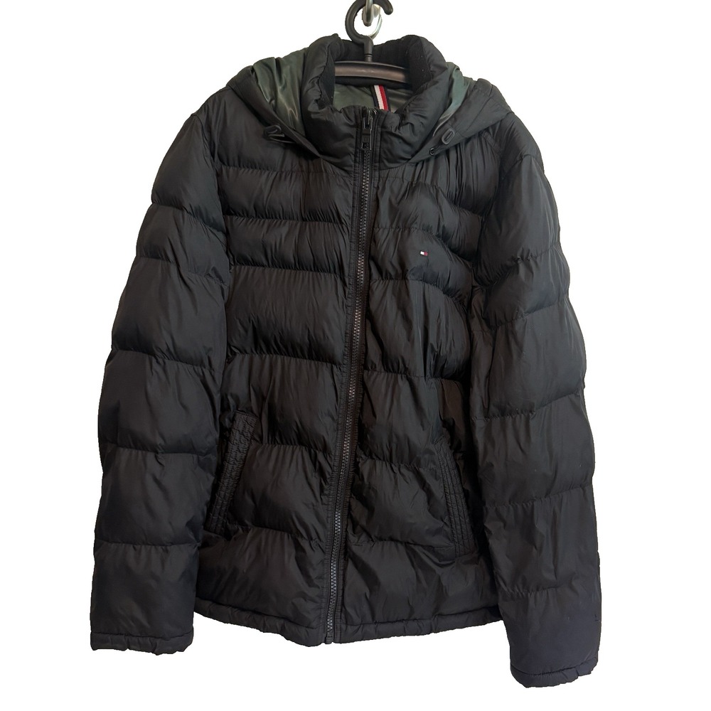 Tommy Hilfiger Mens Zip Hooded Black Puffer Jacket Large Quilted Outerwear Cozy